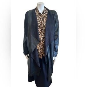 Marc New York Black Faux Leather Long Line Draped Open Front  Size Large